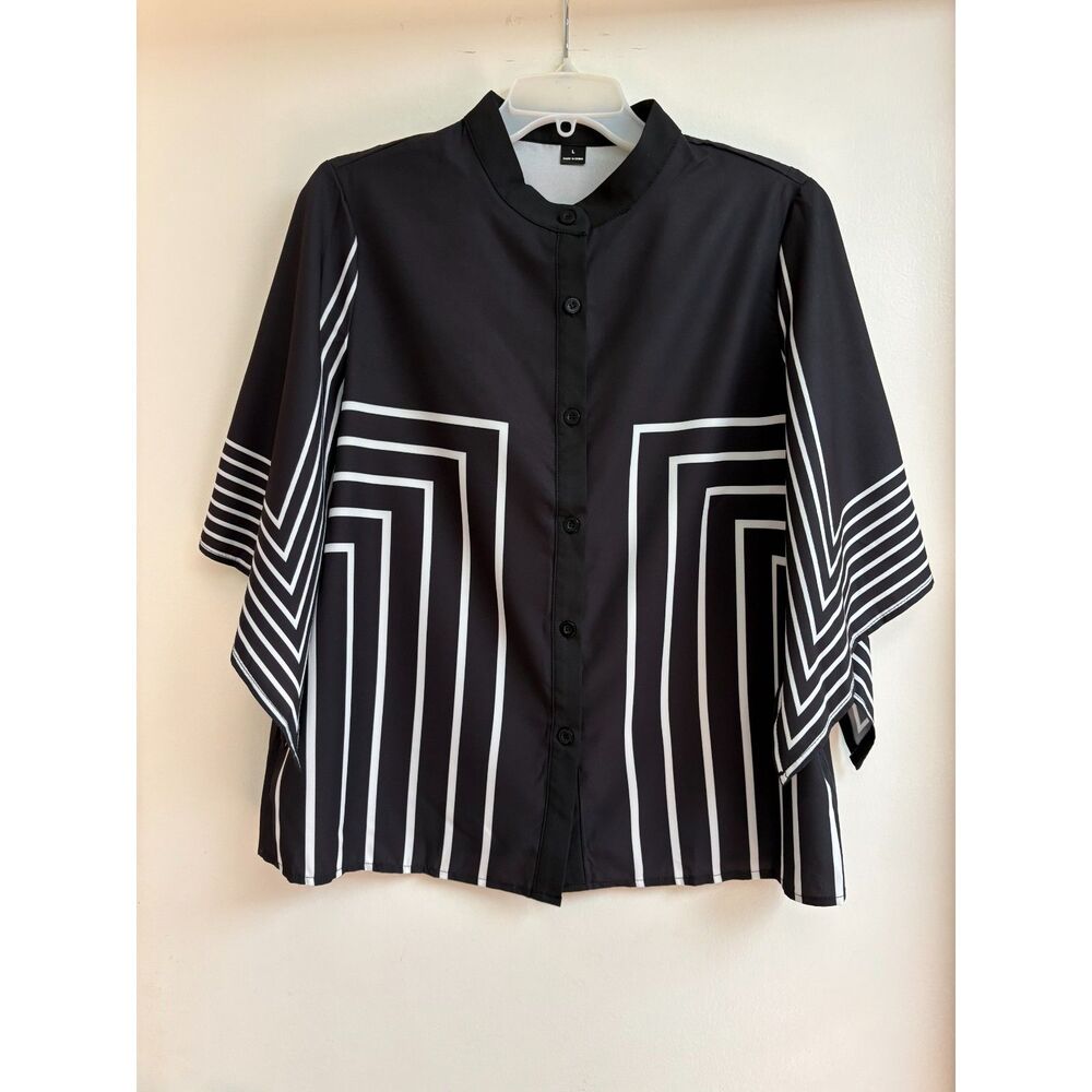 Black and White Striped Blouse SHEIN Geometric Batwing Sleeve Mock Neck Top L - Picture 3 of 8